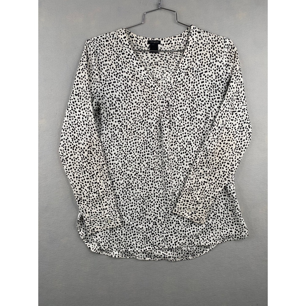 Ann Taylor Womens Small White Black Animal Print V-Neck Long Sleeve Blouse Top